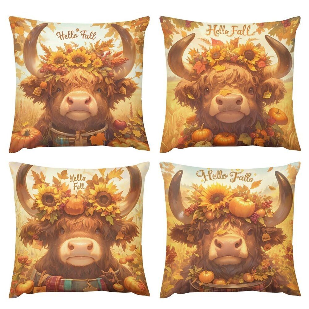 9110 Pack of 4 Fall Fall Cow Pumpkin Sunflowers Decorative Throw Pillow